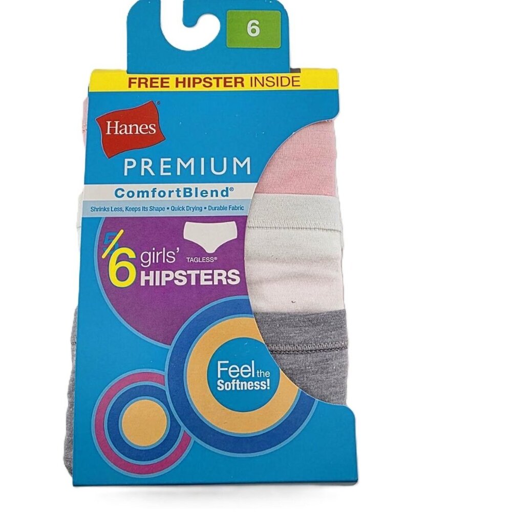 6 Girls Size 6 Hanes Underwear Hipsters Premium Comfort Blend NWT